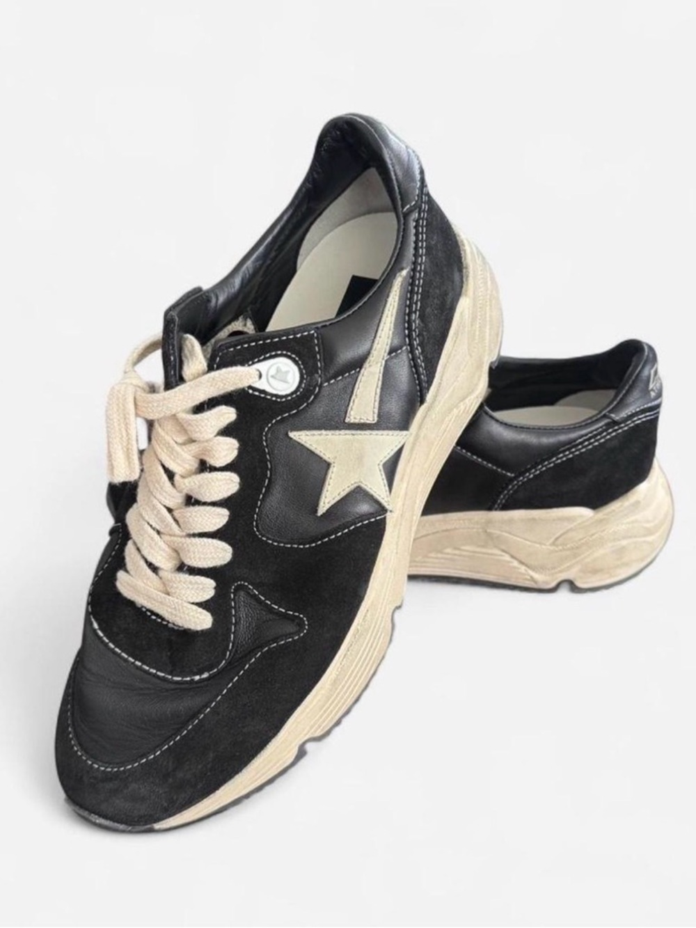 Golden Goose Deluxe Brand Running Sole Sneakers in Black Leather w/ White Stars - Picture 2 of 6